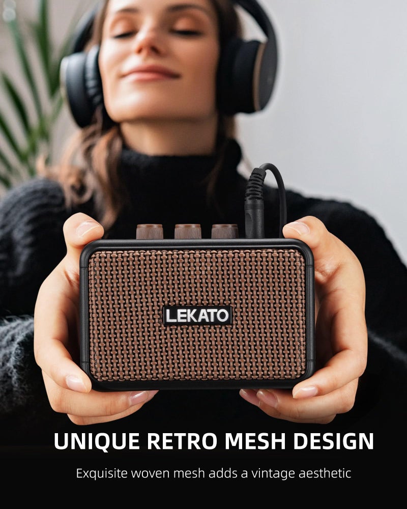 LEKATO Mini Guitar Amplifier, Dual Speakers 5W, Rechargeable Electric Guitar Amp Bluetooth with Clean Overdrive, 6H Working, Headphone Jack, Portable Small Amp for Practice AG-04 (Brown) - Image 5