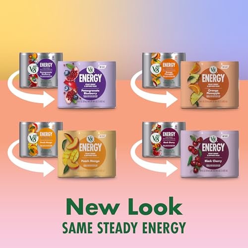 V8 +Energy Peach Mango, Orange Pineapple, Black Cherry and Pomegranate Blueberry Juice Energy Drinks, 8 fl oz Can (24 Pack) - Image 2