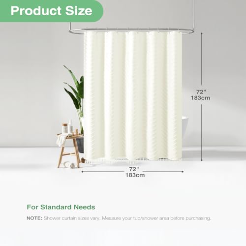 Dynamene Cream Boho Fabric Shower Curtain, Tufted Chevron Striped Tassel Textured Shower Curtain for Bathroom, Farmhouse Elegant Waterproof Minimalist Cloth Shower Curtain Set, 12 Hook, 72x72 - Image 4