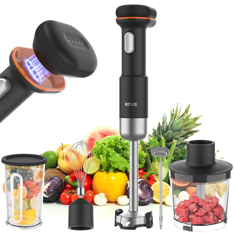 Cordless Stick Immersion Blender 5in1 Ritus 13000RPM Soup Blender Rechargeable Handheld Mixer For Baby Food Smoothies Variable Speed DishwasherSafe Mixing Beaker Chopper Whisk Milk Frother