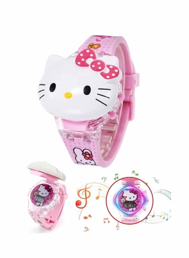 واي جيه مرحبا كيتي كارتون ووتش الأطفال، لعبة مراقبة الأطفال مع تأثير الضوء، الأطفال ووتش الإلكتروني مع الموسيقى، قلب أعلى الكرتون ووتش للأطفال - Image 1