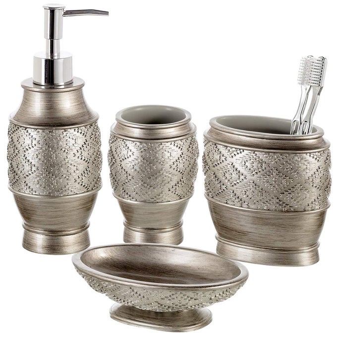 DUBLIN SILVER BATHROOM ACCESSORY SET BRUSHED SILVER BATHROOM SETS ACCESSORIES 4 PIECE BATHROOM SET INCLUDES SOAP DISPENSER TOOTHBRUSH HOLDER SOAP DISH AND TUMBLER