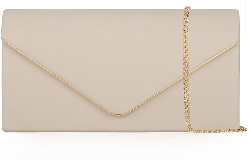 nodeber Vegan Leather Envelope Clutch Bag Classic Dressy Purse Foldover Evening Handbag Beige Medium - Image 1