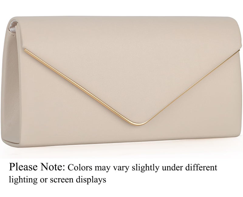 nodeber Vegan Leather Envelope Clutch Bag Classic Dressy Purse Foldover Evening Handbag Beige Medium - Image 3
