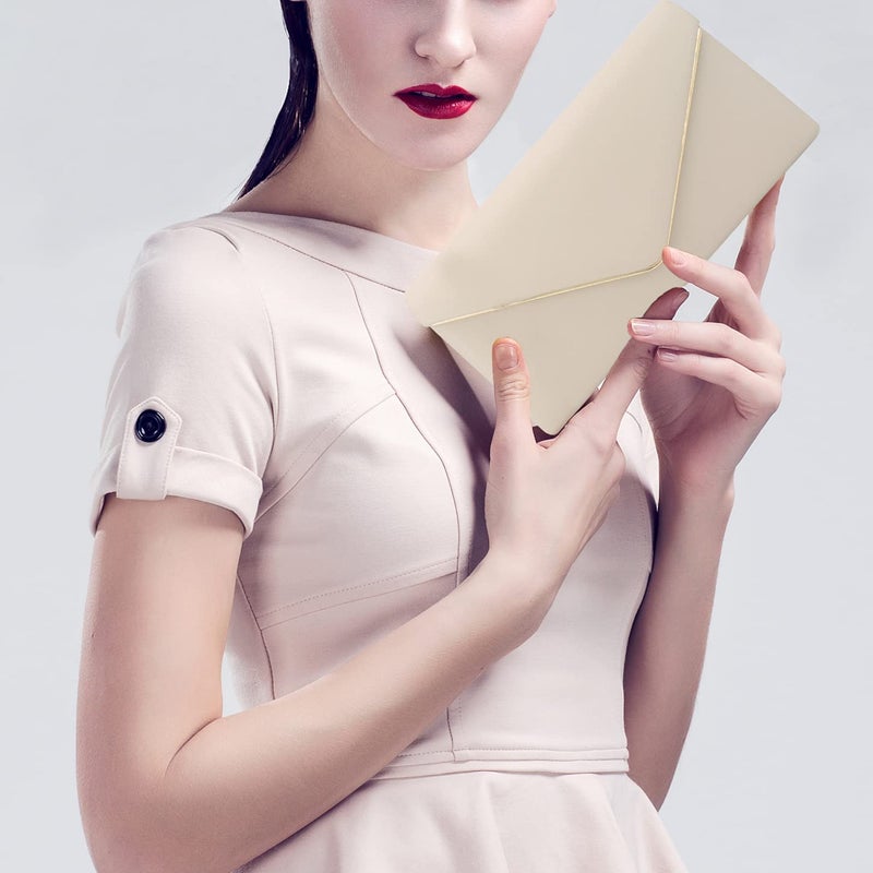 nodeber Vegan Leather Envelope Clutch Bag Classic Dressy Purse Foldover Evening Handbag Beige Medium - Image 2