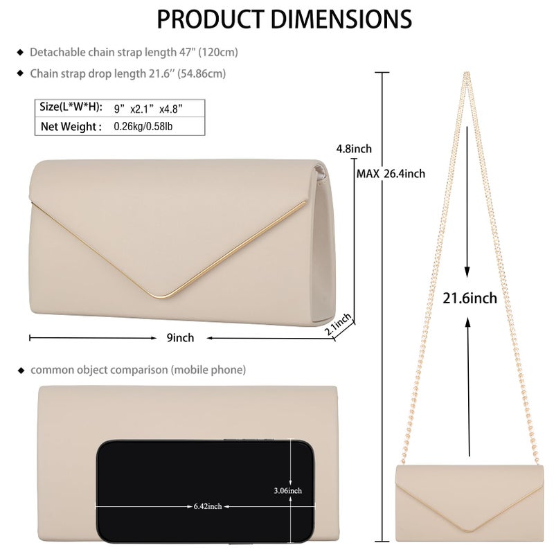 nodeber Vegan Leather Envelope Clutch Bag Classic Dressy Purse Foldover Evening Handbag Beige Medium - Image 4