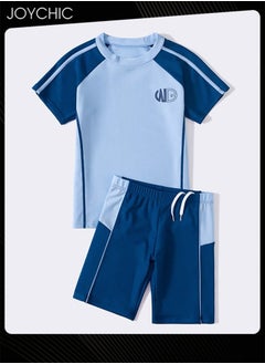 Joychic 2-piece Boys Summer Casual Swimsuits Kids Sun Protection Quick-drying and Breathable Short Sleeved Swimwear Separate Top and Bottom Set  - Image 1
