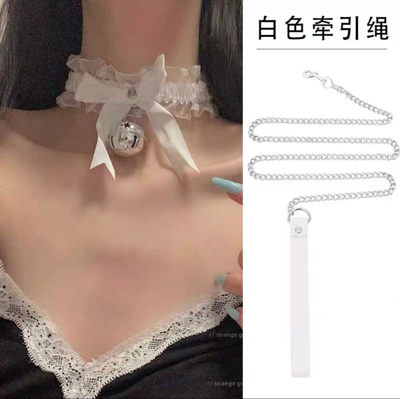 Sweet Lace Big Bell Collar Womens M Neck Strap Choker Neck Fun Clavicle Chain Necklace Couples Neck Ring White two-piece set 