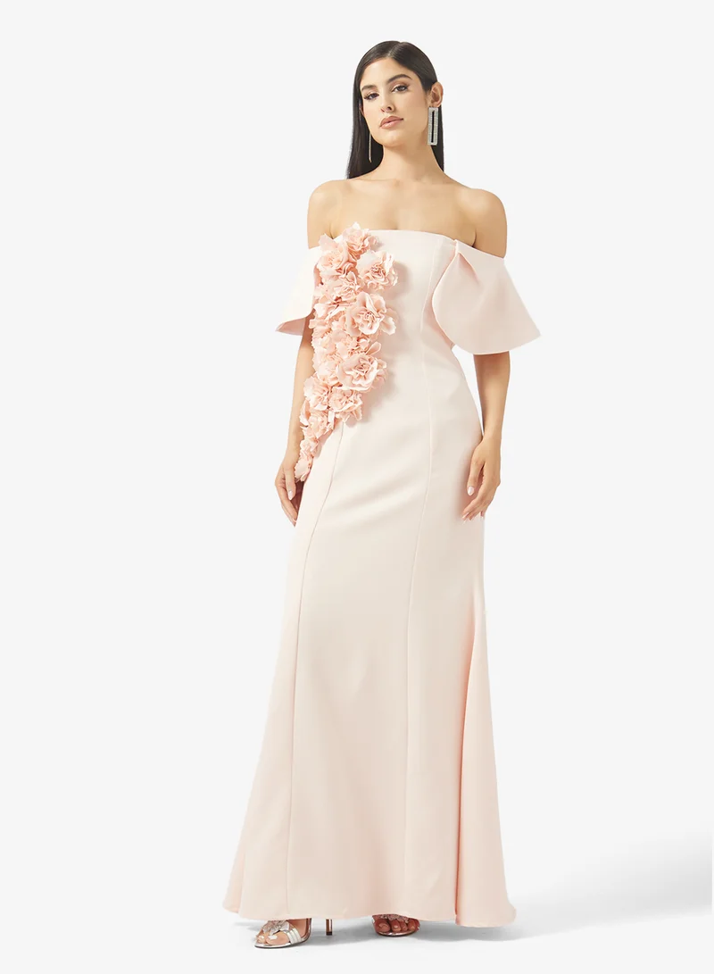 Off Shoulder 3D Floral Detail A Line Evening Dress in Crepe