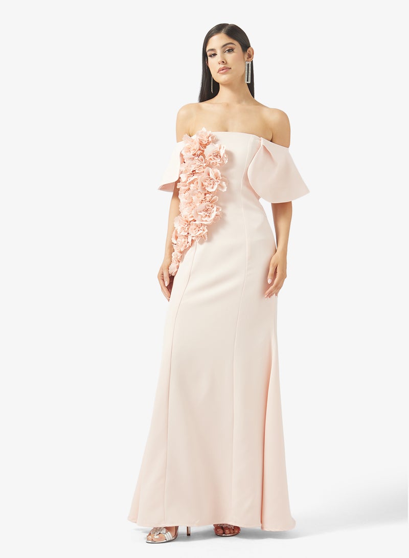 Namshi x Off Shoulder 3D Floral Detail A Line Evening Dress in Crepe - Image 1