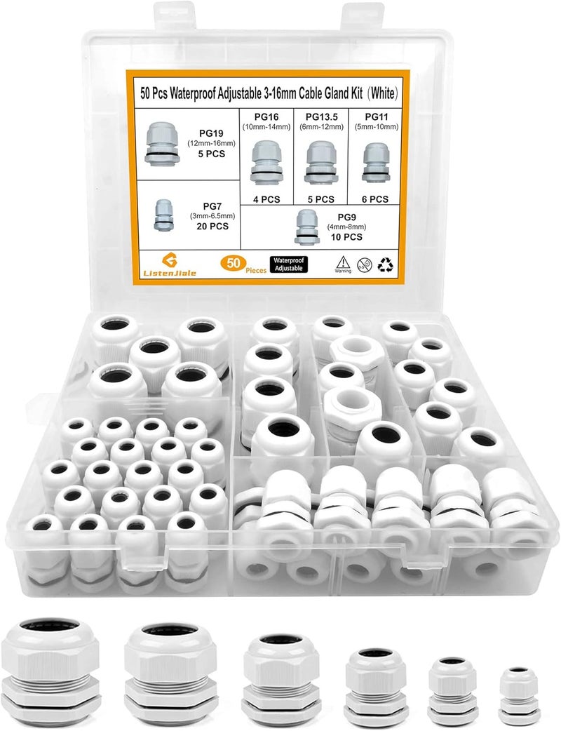LISTENJIALE Cable Gland, 50PCS PG7,PG9,PG11,PG13.5,PG16,PG19 Waterproof Adjustable 3-16mm Cable Connectors,Plastic Cable Gland Joints with Gaskets in PP Box(White) - Image 1