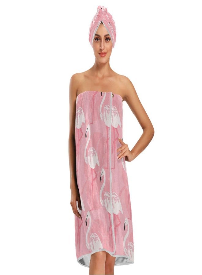 KEEPREAL Women's Spa Towel Wrap Set of 3, Pink Flamingo Bathrobe Shower Bath Body Wrap with Adjustable Closure - Image 1