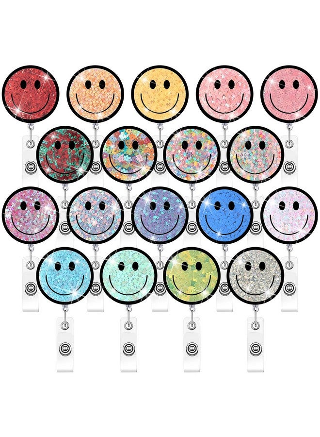 Glenmal 18 Pcs Badge Reel Retractable Smile Face Glitter Badge Holder Name Tag Holders Id Badge Clip With Alligator Clip For Office Nurses Doctors - Image 1