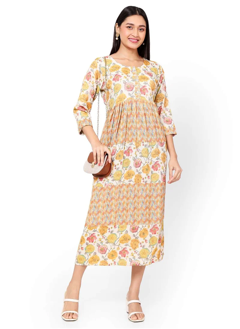 هانا آند سارا MULTICOLOUR FLORAL AND SMALL STRIP PRINTED WITH STYLED BUTTONED ON FRONT ARABIC KAFTAN JALABIYA DRESS