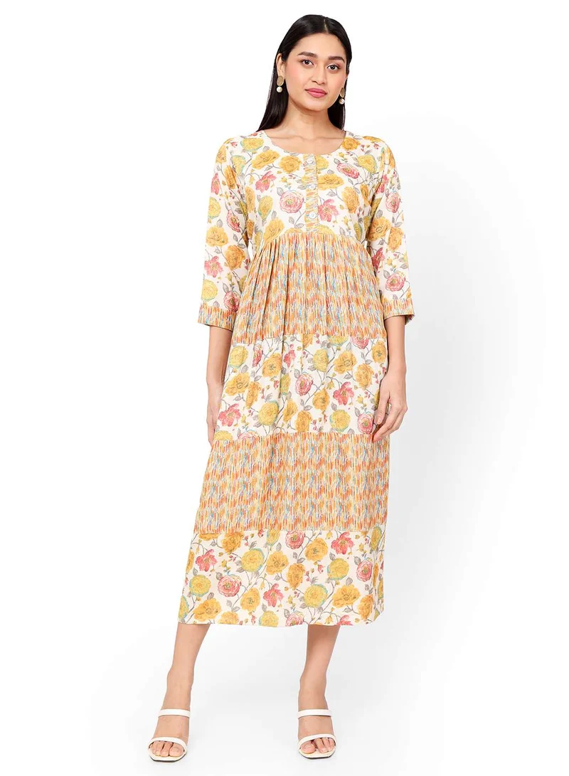 HANA & SARA MULTICOLOUR FLORAL AND SMALL STRIP PRINTED WITH STYLED BUTTONED ON FRONT ARABIC KAFTAN JALABIYA DRESS