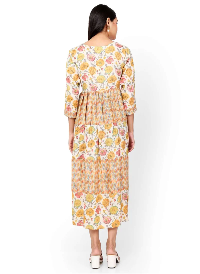 هانا آند سارا MULTICOLOUR FLORAL AND SMALL STRIP PRINTED WITH STYLED BUTTONED ON FRONT ARABIC KAFTAN JALABIYA DRESS