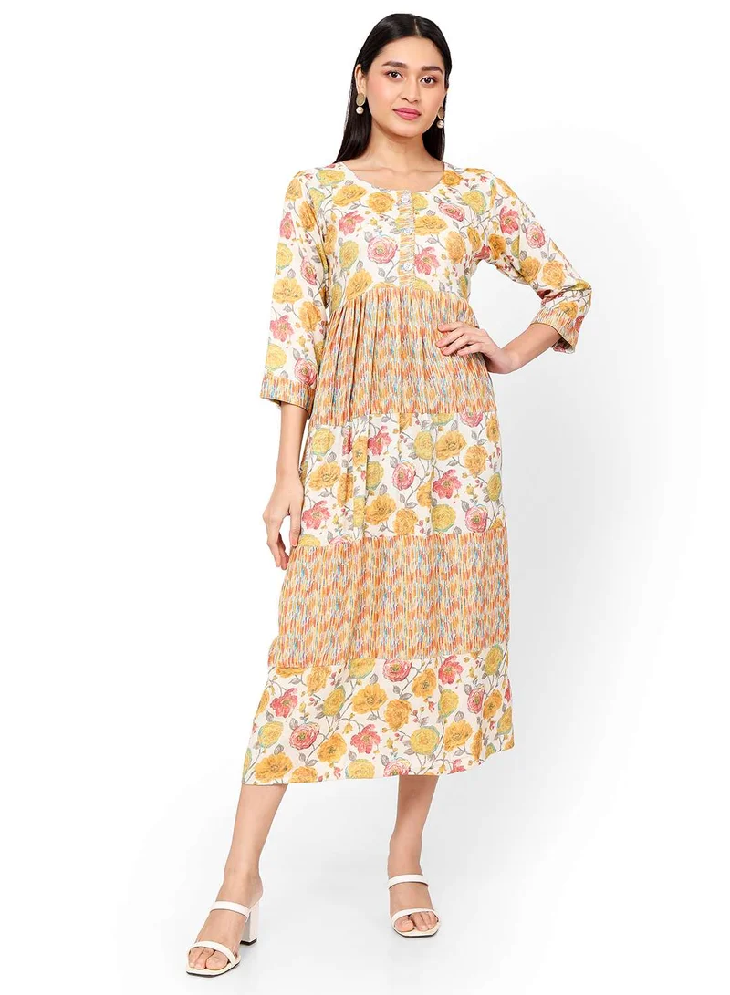 HANA & SARA MULTICOLOUR FLORAL AND SMALL STRIP PRINTED WITH STYLED BUTTONED ON FRONT ARABIC KAFTAN JALABIYA DRESS