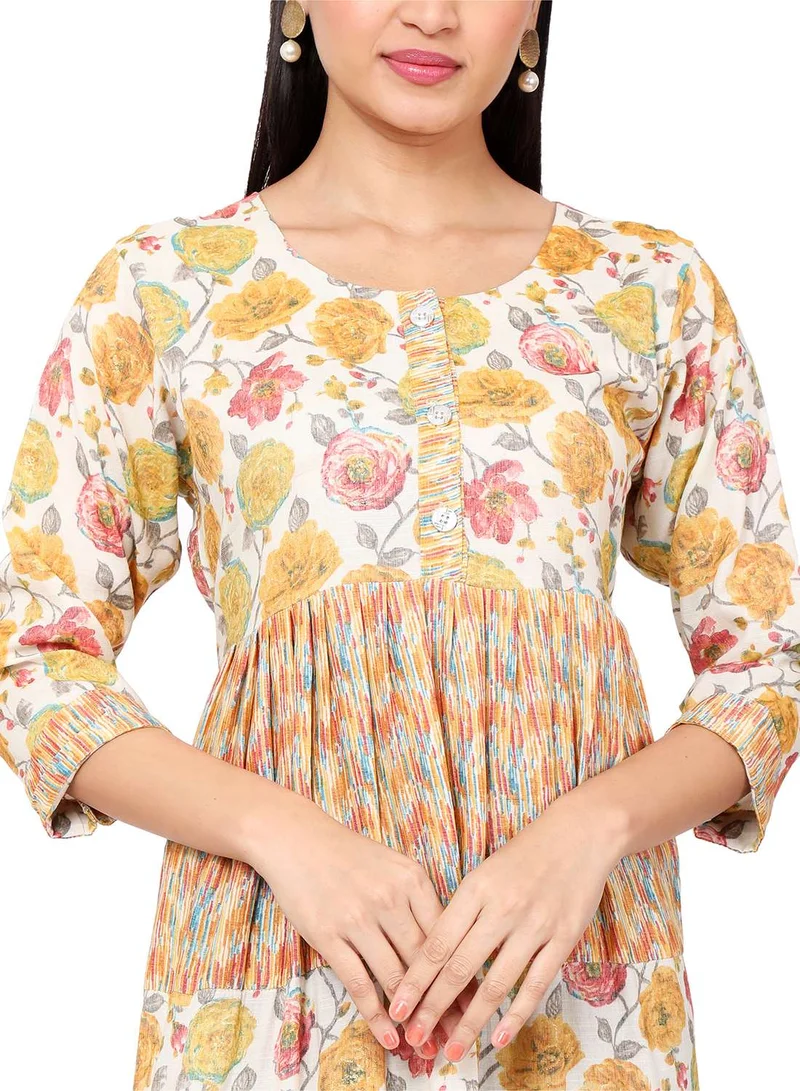 HANA & SARA MULTICOLOUR FLORAL AND SMALL STRIP PRINTED WITH STYLED BUTTONED ON FRONT ARABIC KAFTAN JALABIYA DRESS