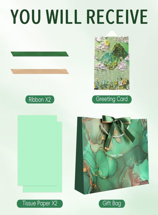 YoungTree Large Gift Bag with Tissue Papers and Greeting Card Two-Tone Ribbon,Portable Paper Birthday Gift Bag with Handles,Present Bags for Valentines Day Wedding Party Supplies(Green Marble Pattern) - Image 2