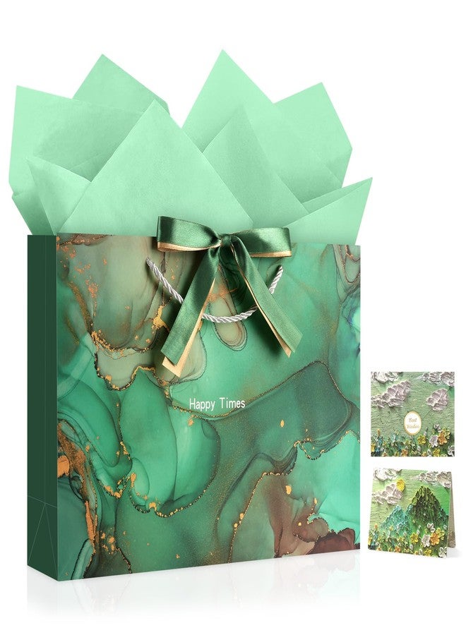 YoungTree Large Gift Bag with Tissue Papers and Greeting Card Two-Tone Ribbon,Portable Paper Birthday Gift Bag with Handles,Present Bags for Valentines Day Wedding Party Supplies(Green Marble Pattern) - Image 1