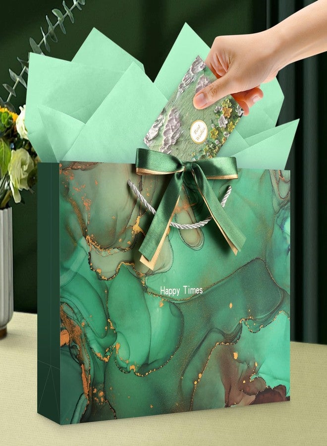 YoungTree Large Gift Bag with Tissue Papers and Greeting Card Two-Tone Ribbon,Portable Paper Birthday Gift Bag with Handles,Present Bags for Valentines Day Wedding Party Supplies(Green Marble Pattern) - Image 4
