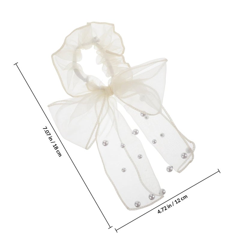 Beige Polka Dot Mesh Tassel Hair Bows High Stretch Soft Scrunchies For Women Everyday - Image 3