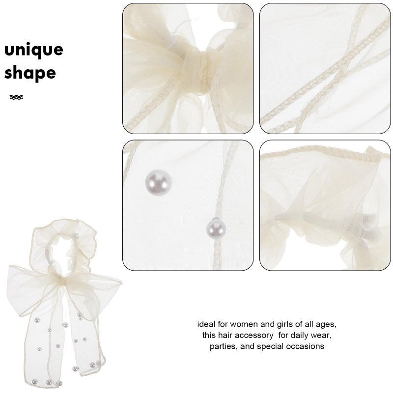 Beige Polka Dot Mesh Tassel Hair Bows High Stretch Soft Scrunchies For Women Everyday - Image 4
