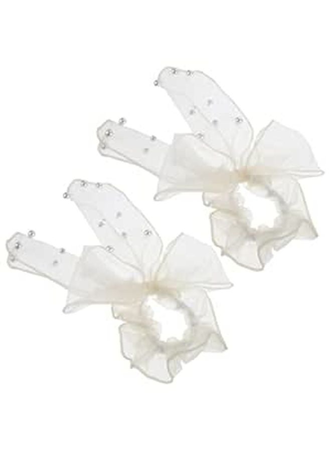 Beige Polka Dot Mesh Tassel Hair Bows High Stretch Soft Scrunchies For Women Everyday - Image 1