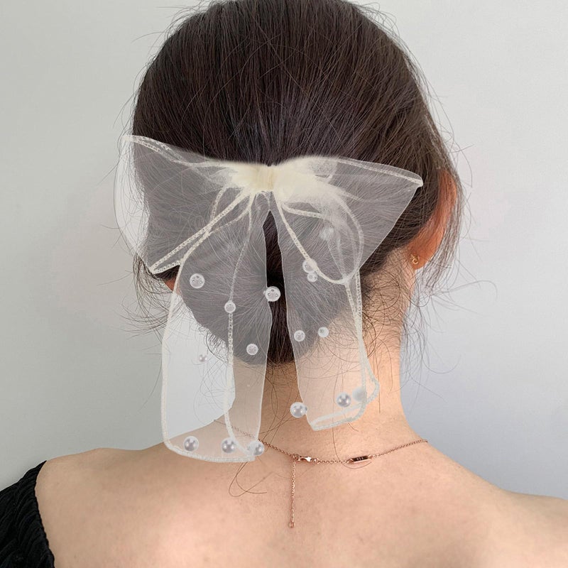 Beige Polka Dot Mesh Tassel Hair Bows High Stretch Soft Scrunchies For Women Everyday - Image 5