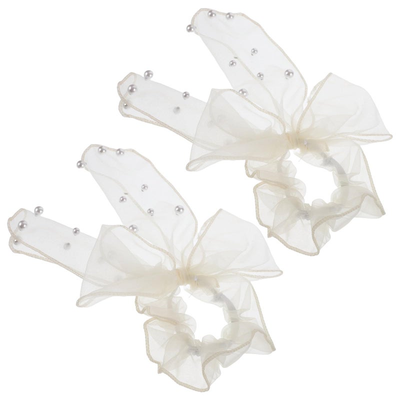 Beige Polka Dot Mesh Tassel Hair Bows High Stretch Soft Scrunchies For Women Everyday - Image 2