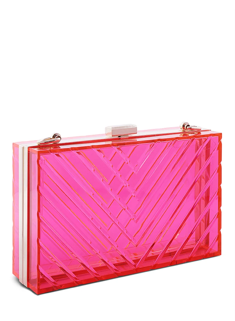 London Rag Fuchsia Transparent Chevron Pattern Clear Clutch Bags