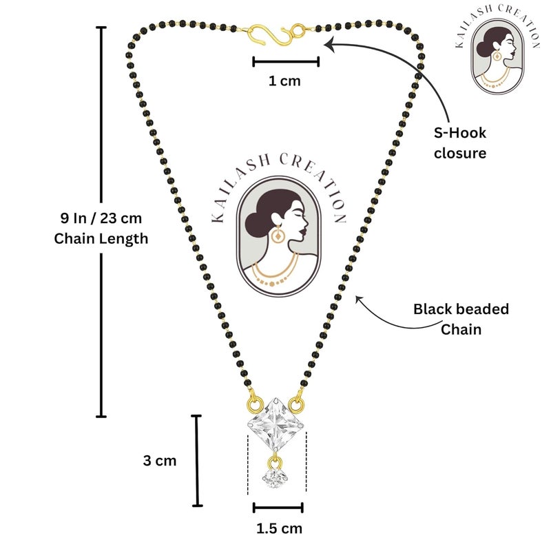 Kailash Creation American Diamond Round Square Single and Multi Stone Gold Plated Mangalsutra for Women – 18 Inch Black Bead Chain with S-Hook Clasp - Image 4