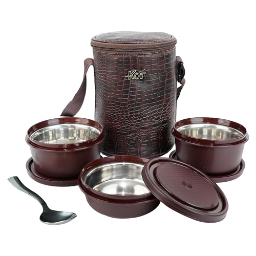 KOI Insulated Lunch Box Set | 3 Inside Steel Containers (290ml, 450ml, 600ml) with BPA Free Lids | Leakproof Microwave Safe Tiffin | Adjustable Shoulder Strap Lunch Bag for Office Travel (Brown_Croko) - Image 5