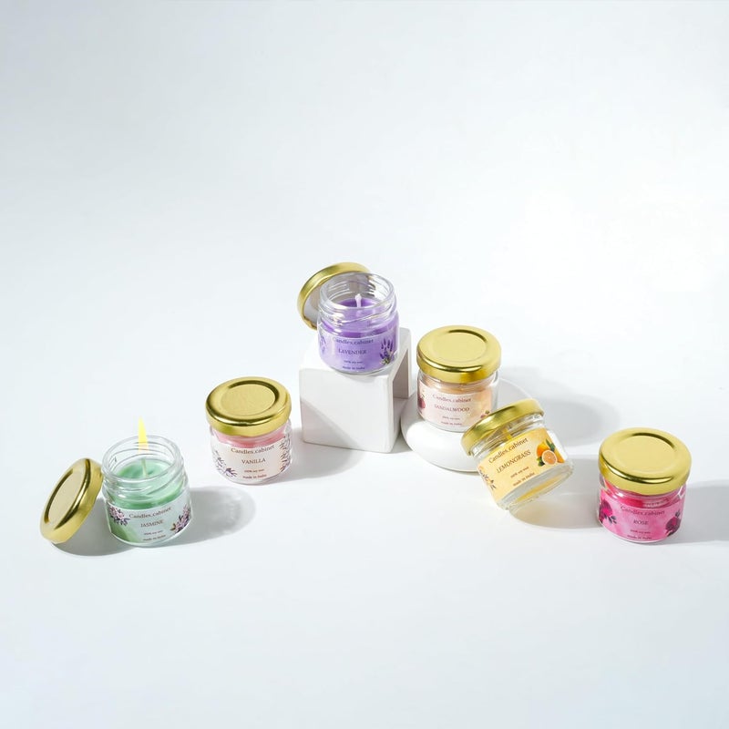 CANDLE_CABINETS Organic Soy Wax Aroma Candles Set of 6 Scented Aromatic Fragrance Vanilla, Lemongrass, Jasmine, Sandalwood, Lavender & Rose for Gifting Home,Up to 15 Hours Burn Time (40 GMS Each) - Image 4