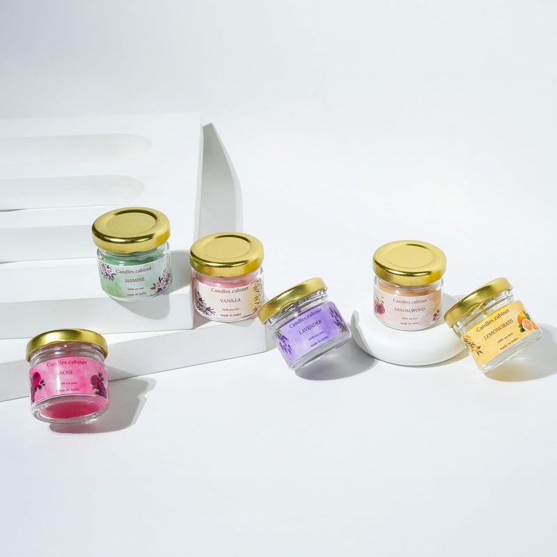 CANDLE_CABINETS Organic Soy Wax Aroma Candles Set of 6 Scented Aromatic Fragrance Vanilla, Lemongrass, Jasmine, Sandalwood, Lavender & Rose for Gifting Home,Up to 15 Hours Burn Time (40 GMS Each) - Image 5