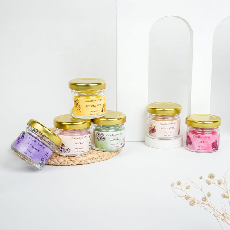 CANDLE_CABINETS Organic Soy Wax Aroma Candles Set of 6 Scented Aromatic Fragrance Vanilla, Lemongrass, Jasmine, Sandalwood, Lavender & Rose for Gifting Home,Up to 15 Hours Burn Time (40 GMS Each) - Image 2