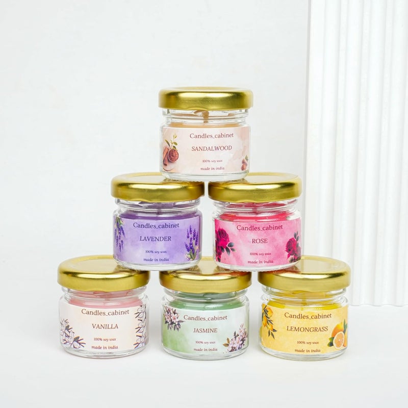 CANDLE_CABINETS Organic Soy Wax Aroma Candles Set of 6 Scented Aromatic Fragrance Vanilla, Lemongrass, Jasmine, Sandalwood, Lavender & Rose for Gifting Home,Up to 15 Hours Burn Time (40 GMS Each) - Image 1