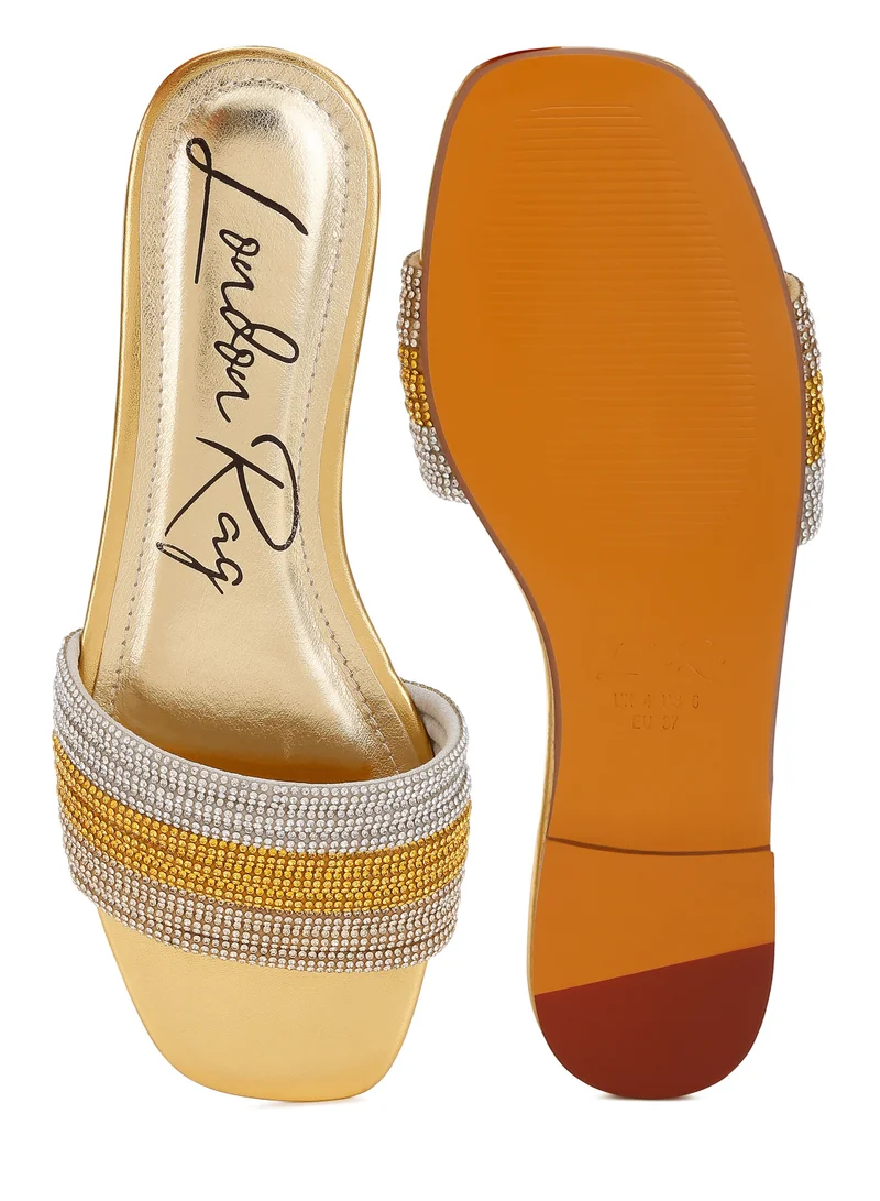 London Rag Gold Rhinestone Strap Slip On Flats
