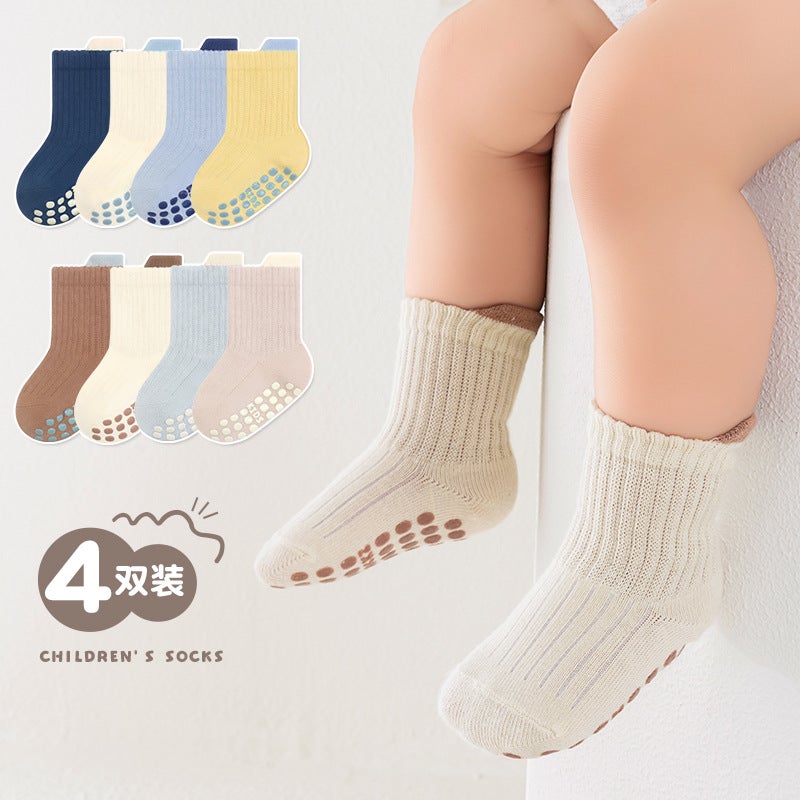 24 Double Needle Large Area Dispensing Baby Baby Floor Socks Four Pairs Of Solid Color Trampoline Socks - Image 3