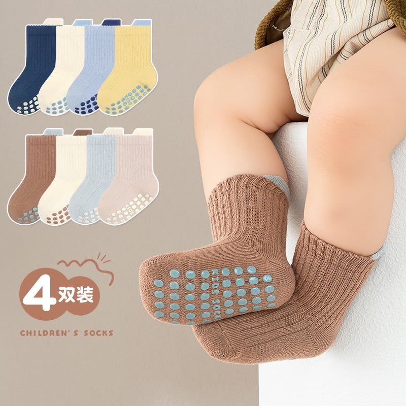 24 Double Needle Large Area Dispensing Baby Baby Floor Socks Four Pairs Of Solid Color Trampoline Socks - Image 2