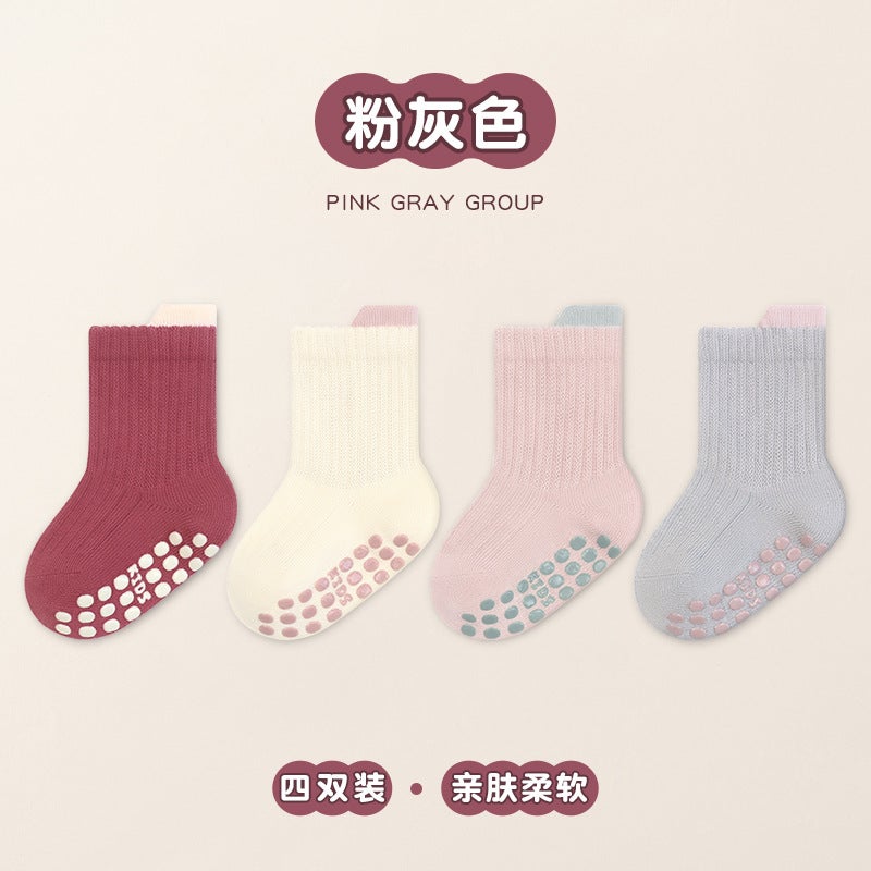 24 Double Needle Large Area Dispensing Baby Baby Floor Socks Four Pairs Of Solid Color Trampoline Socks - Image 1