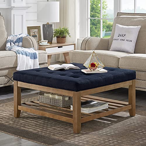 24KF Large Square Upholstered Tufted Linen Ottoman Large Footrest Ottoman with Solid Wood Shelf Navy Blue