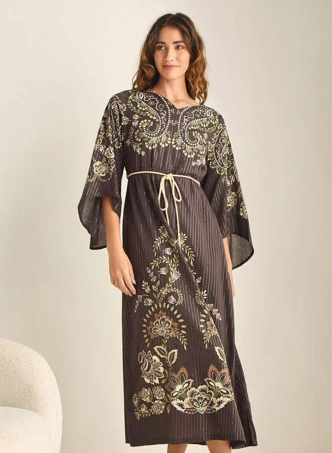 Splash FAV Paisley Print V-neck Cotton Night Gown with Tie-Up Belt