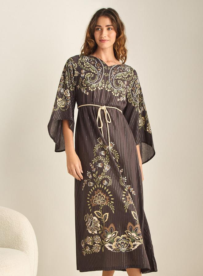 Splash FAV Paisley Print V-neck Cotton Night Gown with Tie-Up Belt - Image 1