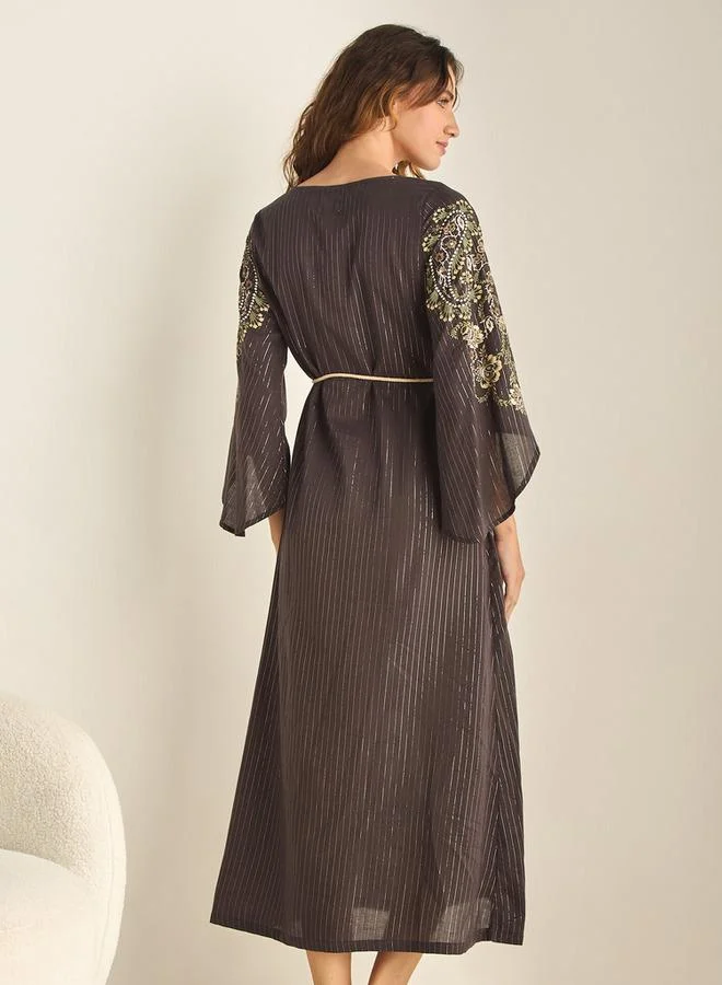 Splash FAV Paisley Print V-neck Cotton Night Gown with Tie-Up Belt