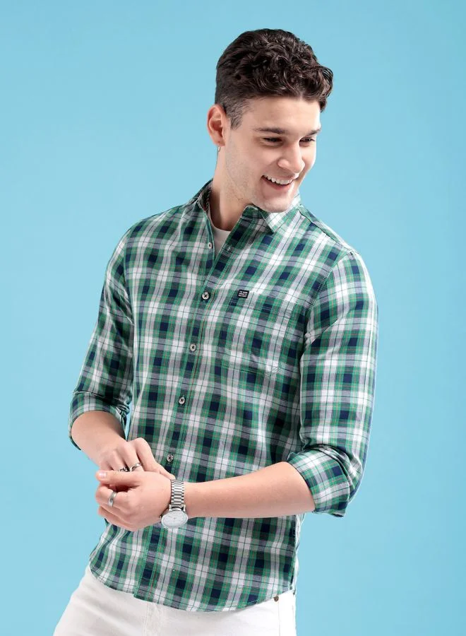 شركة المرآب الهندية Men Slim Fit Checkered Full Sleeves Spread Collar Casual Shirt