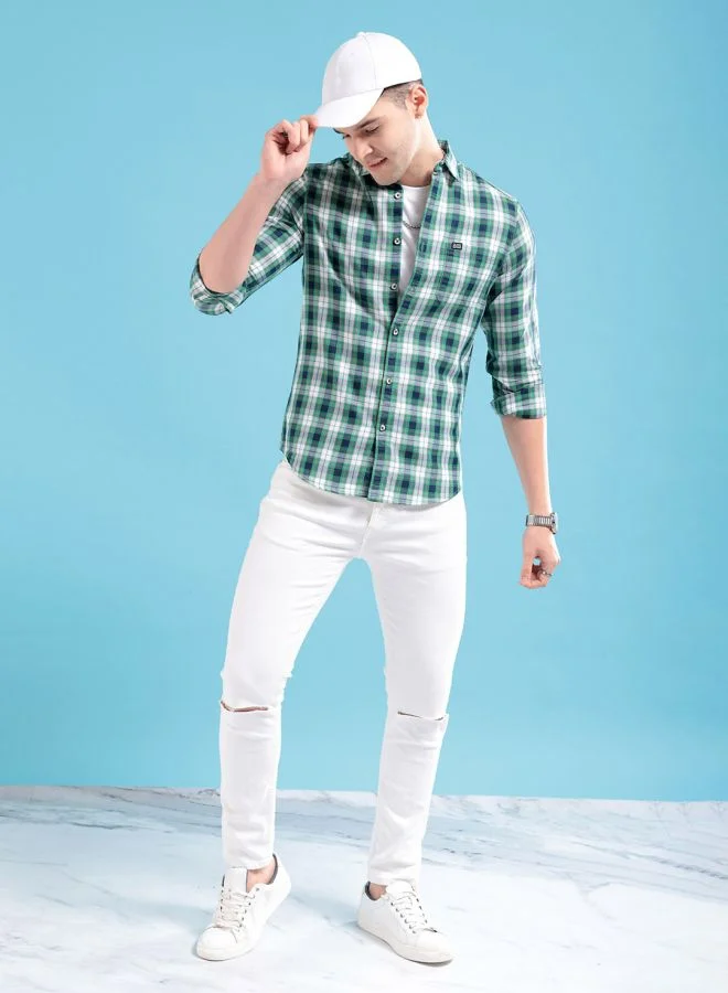 شركة المرآب الهندية Men Slim Fit Checkered Full Sleeves Spread Collar Casual Shirt