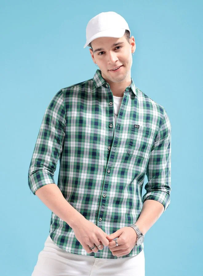 شركة المرآب الهندية Men Slim Fit Checkered Full Sleeves Spread Collar Casual Shirt