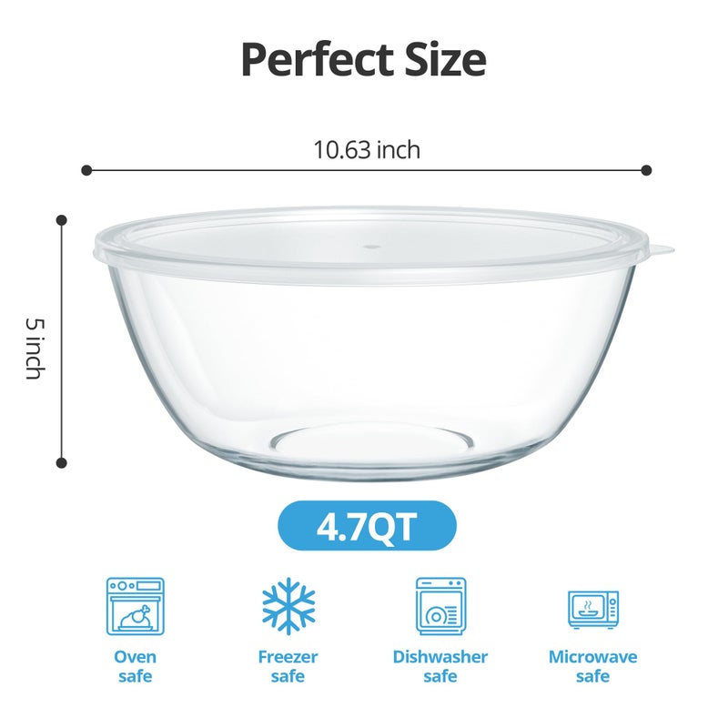 Quald 4.7 Qt Extra Large Glass Mixing Bowls Clear Glass Salad Cooking Bowls for Kitchen Salad Bread Storage - Image 2