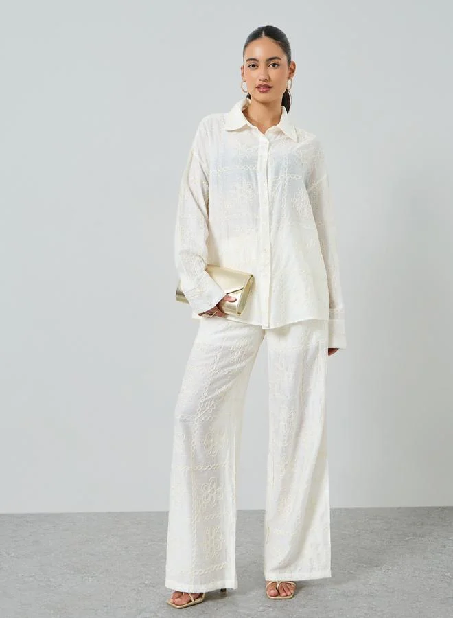 Take Two Women's All Embroidery Button Up Long Sleeve Shirt Wiht Pants Set